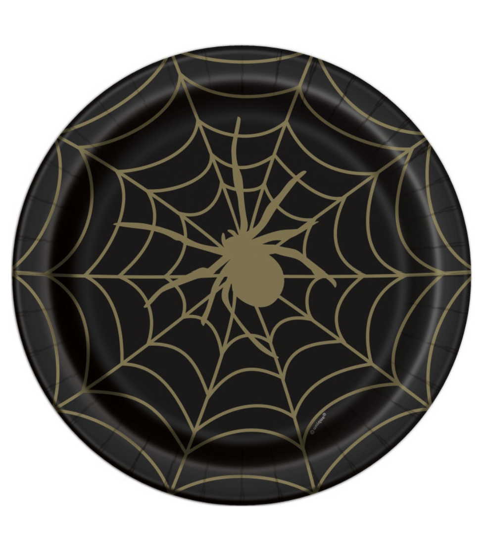 Spinnennetz_Party_Teller__schwarz-gold__Halloween__22cm__8er_Pack
