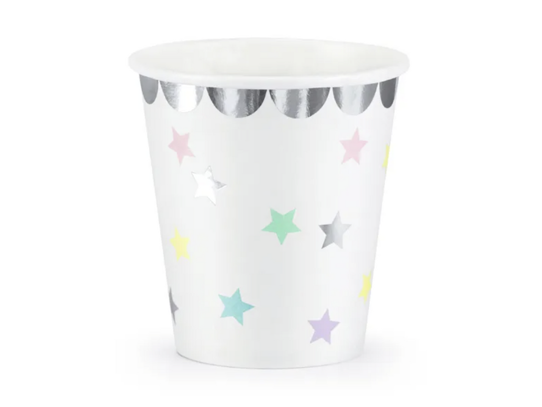 Party Becher Weiss-Silber mit Pastell-Punkten, 6er Pack kinderparties-shop