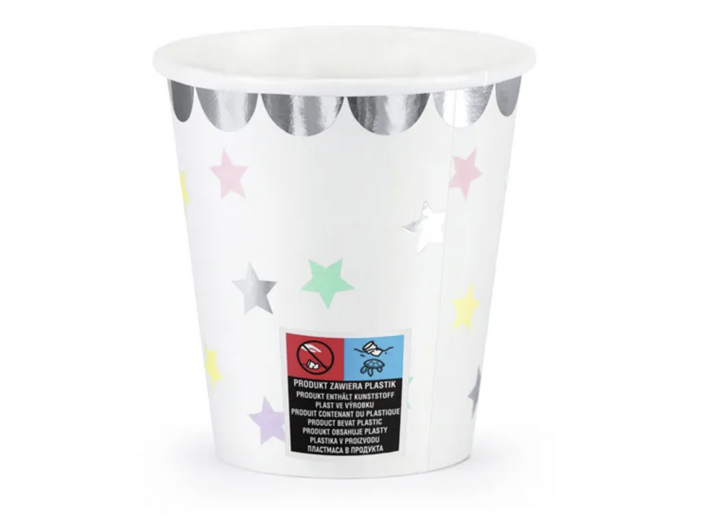 Party Becher Weiss-Silber mit Pastell-Punkten, 6er Pack kinderparties-shop