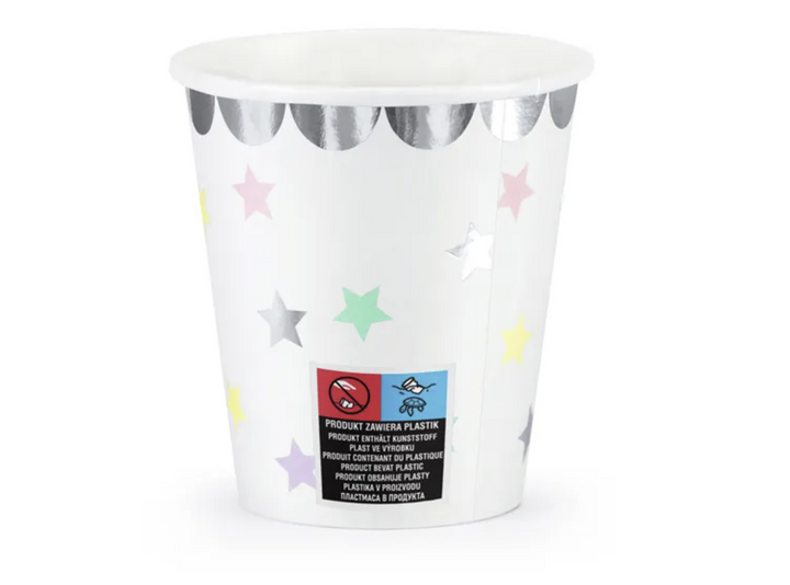 Party Becher Weiss-Silber mit Pastell-Punkten, 6er Pack kinderparties-shop