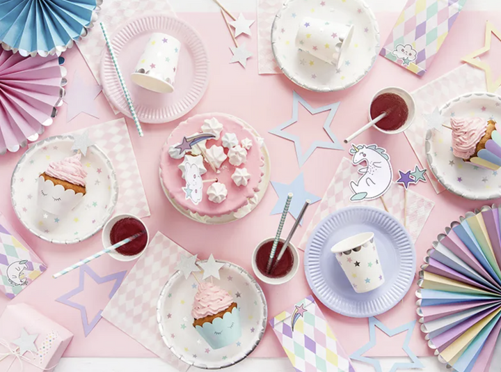 Party Teller Weiss-Silber mit Pastell-Punkten, 6er Pack, 18cm kinderparties-shop