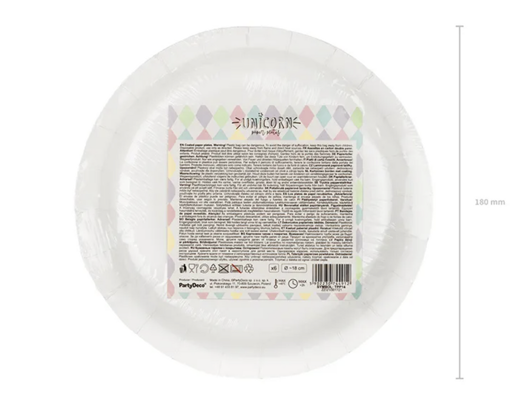 Party Teller Weiss-Silber mit Pastell-Punkten, 6er Pack, 18cm kinderparties-shop