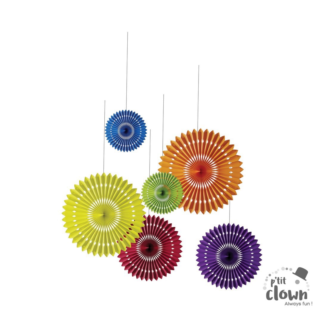 Regenbogen Dekofächer hängend, Rosetten bunt, 6-tlg kinderparties-shop