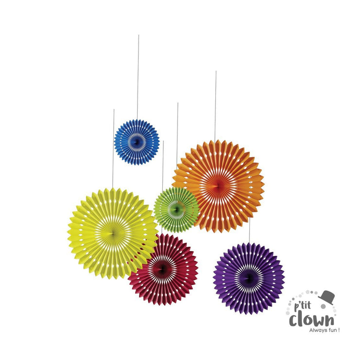 Regenbogen Dekofächer hängend, Rosetten bunt, 6-tlg kinderparties-shop