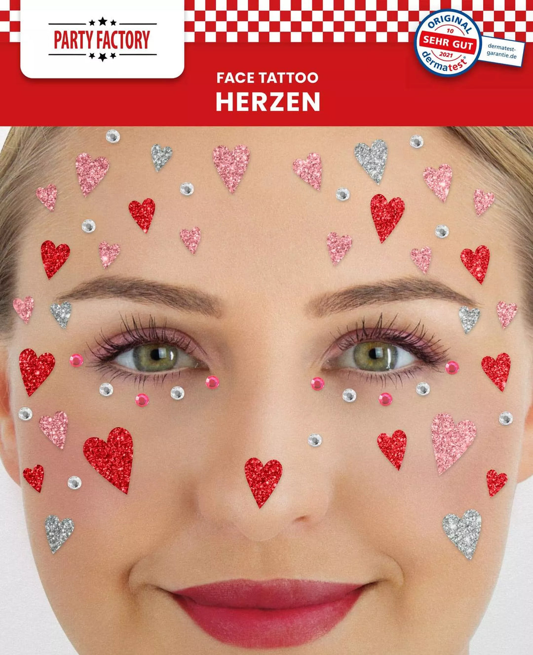 Glitter Face Tattoo, Herzen, Valentienstag, 1 Bogen kinderparties-shop