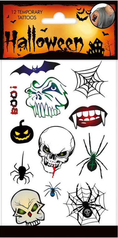 Halloween Tattoos für Kinder, 1 Bogen mit 12 Motiven
