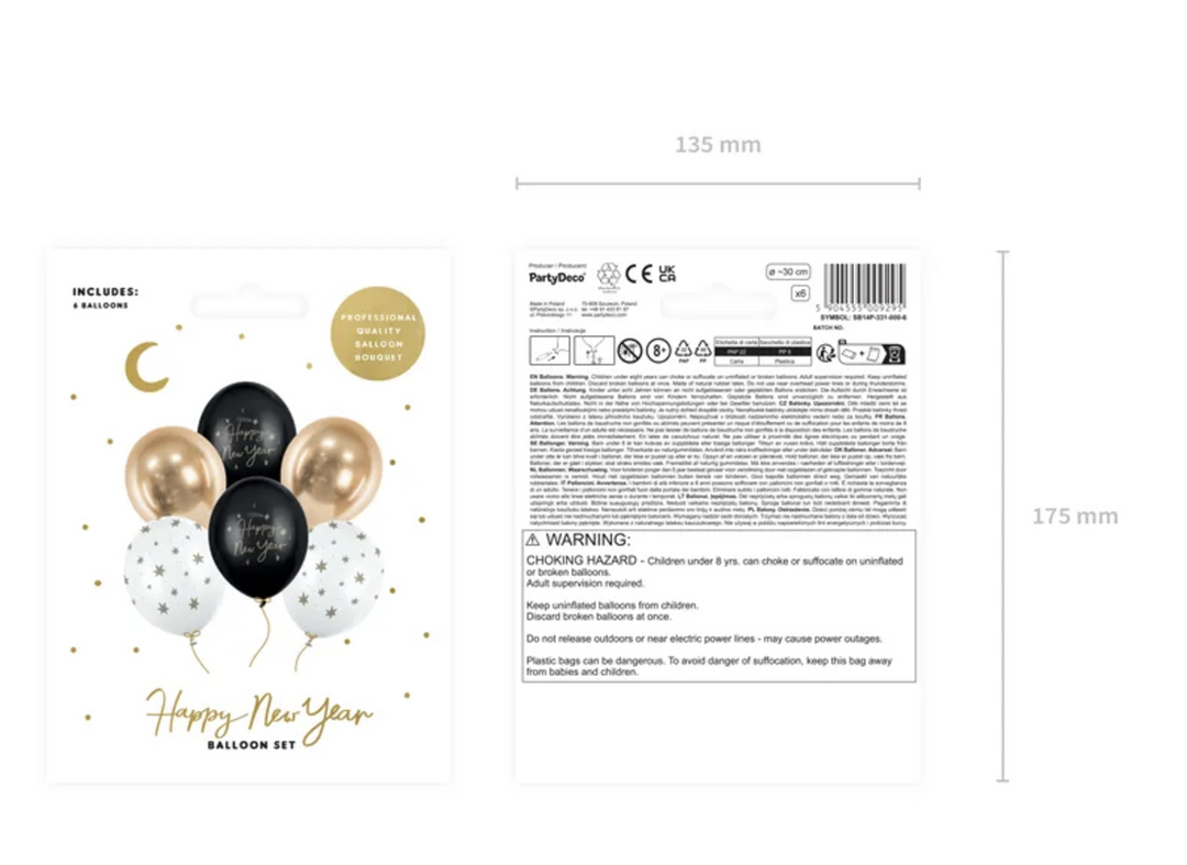 Luftballons Happy New Year, 30cm, 6er Pack kinderparties-shop