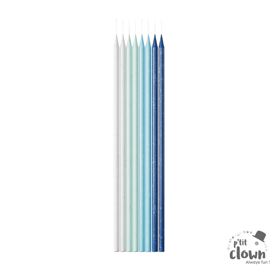 Glitzernde Kerzen glatt, blau-weiss, 24er Pack kinderparties-shop