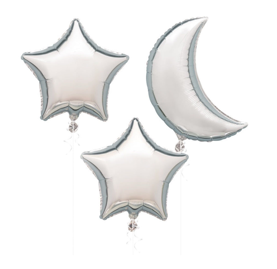 Folienballon Set Mond & Sterne silber, 3 Stück, Ø 45-48 cm
