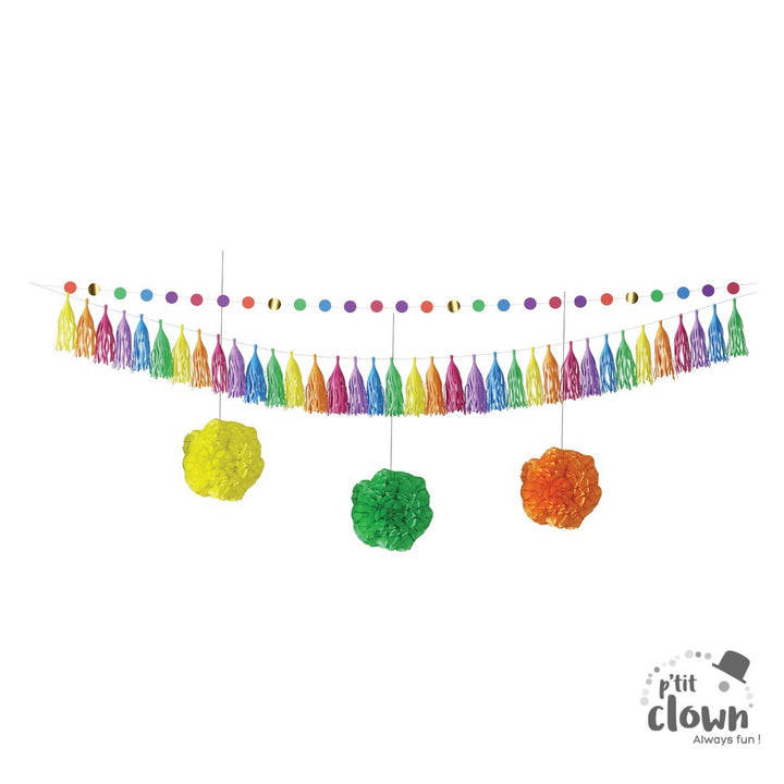 Raumdeko Set: Pompom Aufhänger & 2 Girlanden, Regenbogen, 5-tlg kinderparties-shop