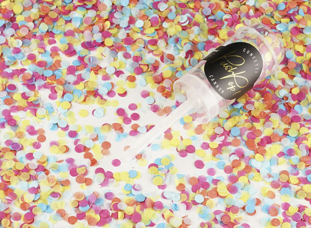 Push-Pop Party-Popper / Konfettikanone für Kinder, bunt, 18 cm kinderparties-shop