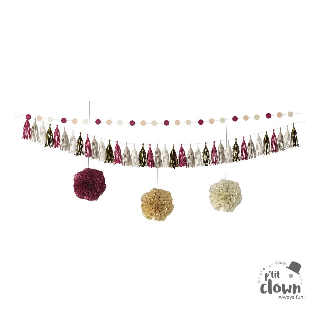 Raumdeko Set: Pompom Aufhänger & 2 Girlanden mocha/pink/gold, 5-tlg kinderparties-shop