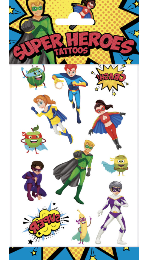 Tattoos, Superhelden, give-away, 1 Bogen mit 12 Tattoos kinderparties-shop