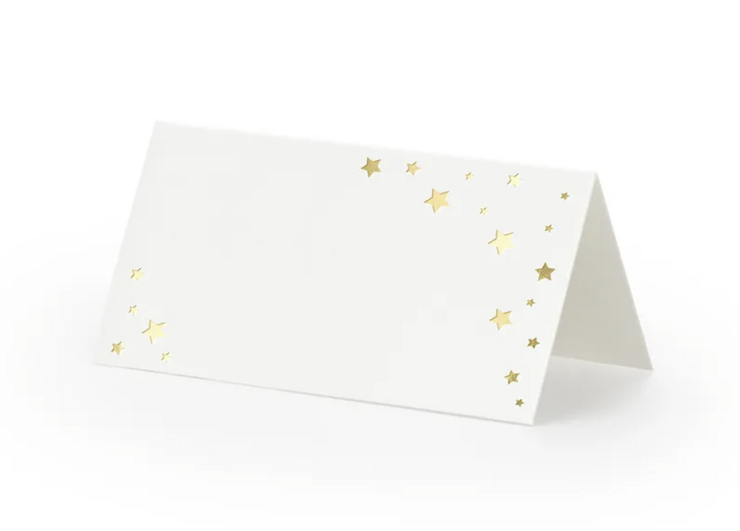 Tischkarten / Namensschilder Let's Celebrate, Weiss / Gold, 9.5 x 5.5 cm, 10er Pack kinderparties-shop