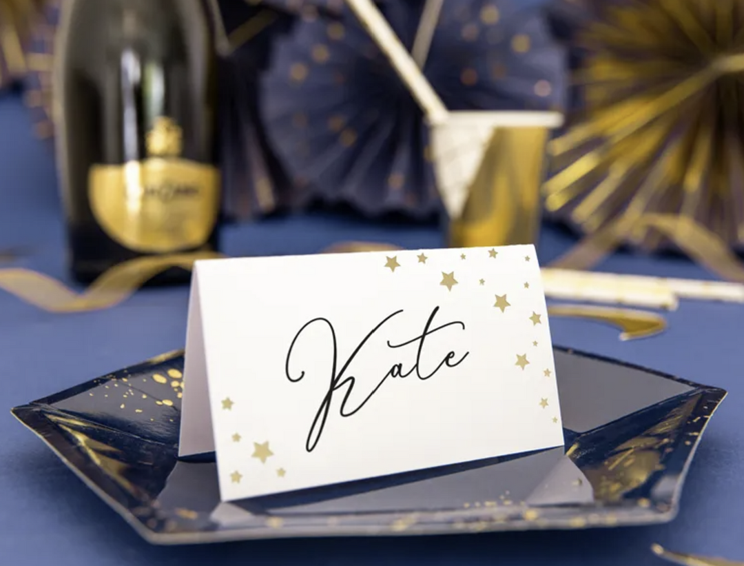 Tischkarten / Namensschilder Let's Celebrate, Weiss / Gold, 9.5 x 5.5 cm, 10er Pack kinderparties-shop