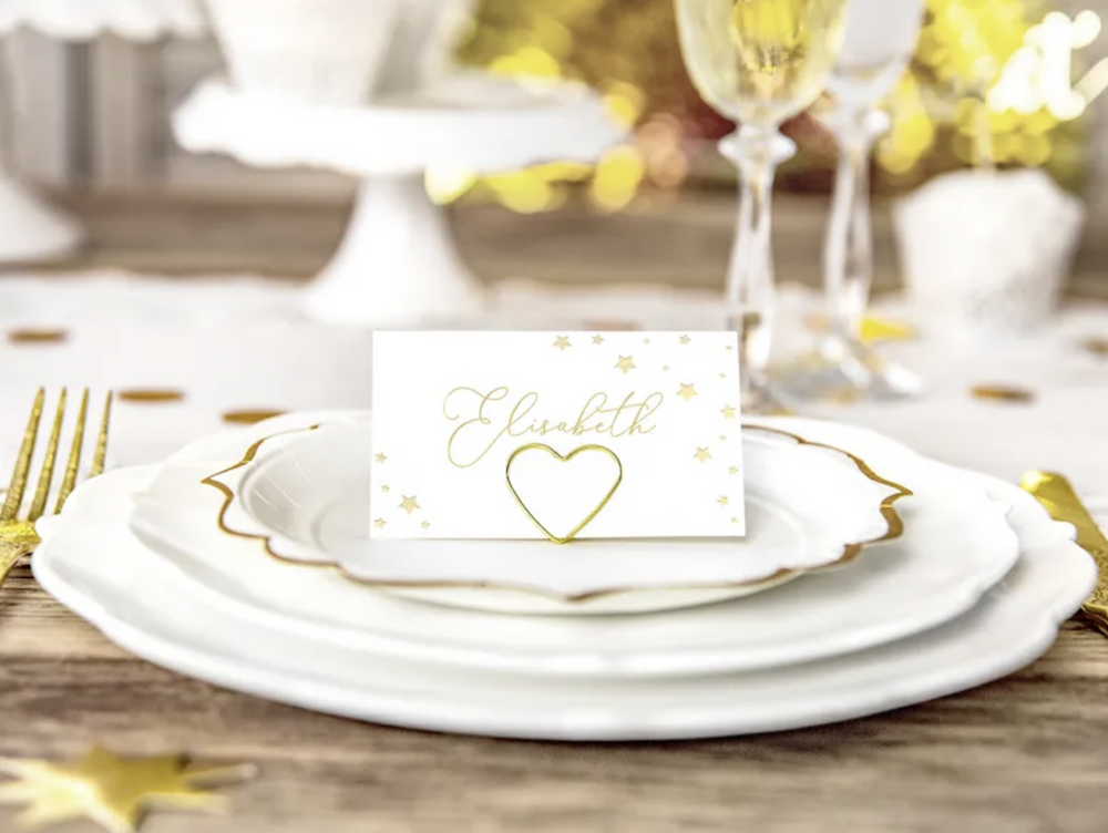 Tischkarten / Namensschilder Let's Celebrate, Weiss / Gold, 9.5 x 5.5 cm, 10er Pack kinderparties-shop