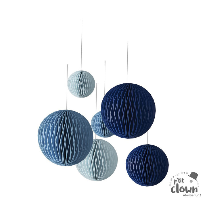 Wabenbälle ink. Schnur & Klebepads, blau, 35 cm, 6er Pack kinderparties-shop