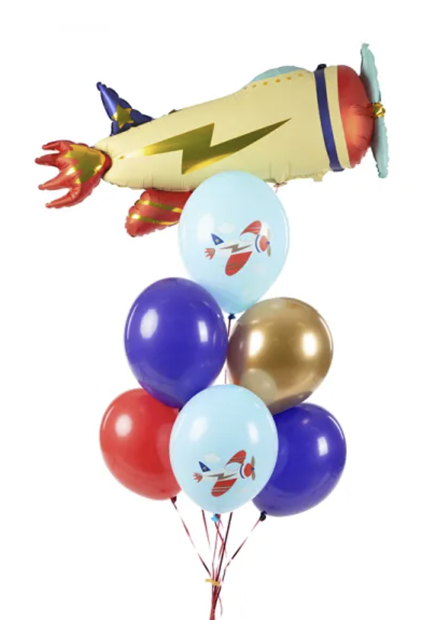 Flugzeug Luftballons, hellblau mit Flugzeug, 50er Pack kinderparties-shop