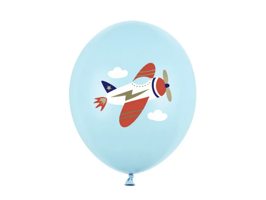 Flugzeug Luftballons, hellblau mit Flugzeug, 50er Pack kinderparties-shop