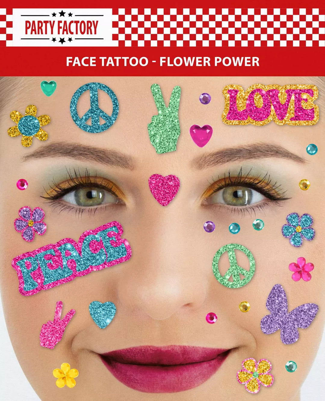 Glitter Face Tattoo, Flower Power, 1 Bogen kinderparties-shop
