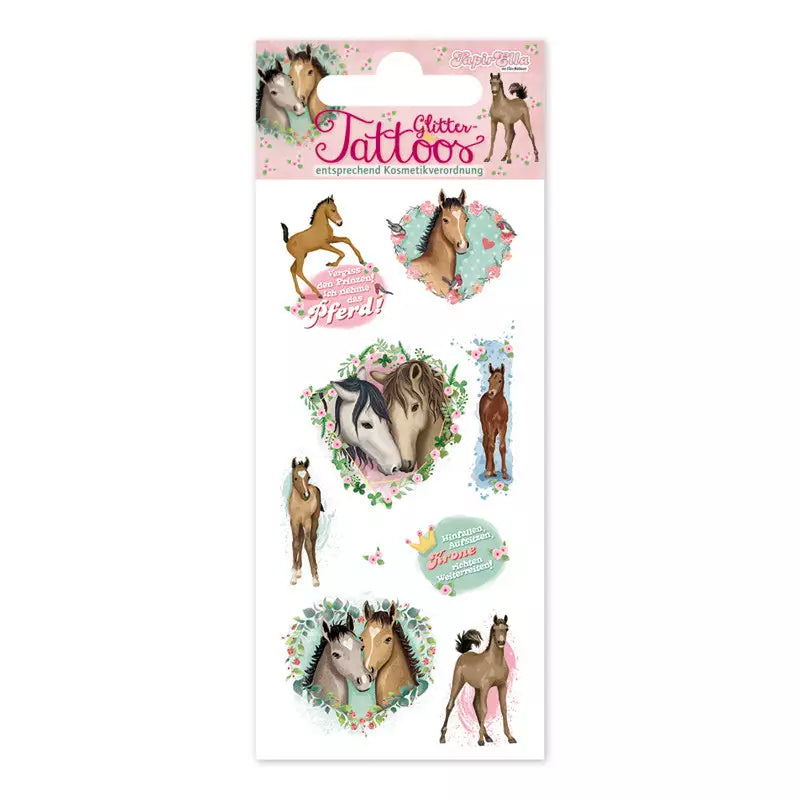 Glitzer Tattoos Pferde, Tapier Ella, Mitgebsel, 1 Karte, 8 Tattoos
