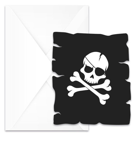 Einladung Piraten, schwarz mit Totenschädel, 6er Pack inkl. Umschläge