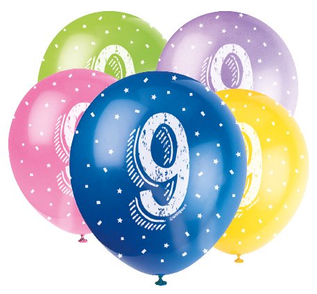 Luftballons, Zahlen 1-9, 5er Pack, bunt, Party Deko Motto-Party am Kindergeburtstag, Geburtstag