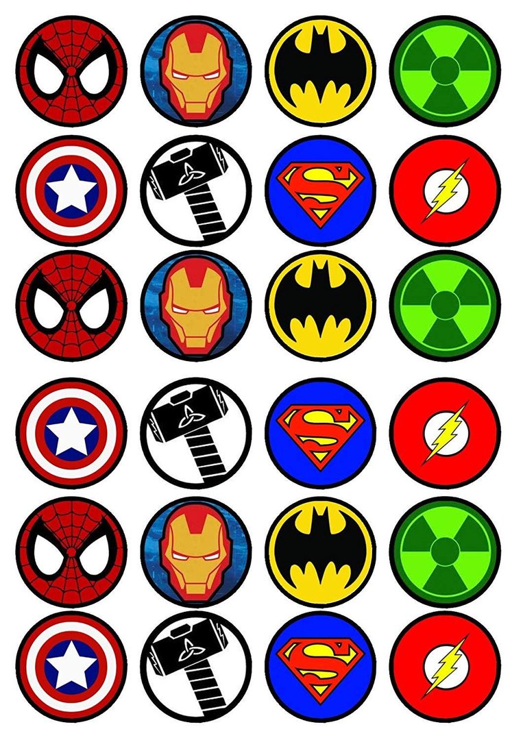 Muffin Deko, Superhelden Symbole, 30 Stk, Esspapier, Geburtstagskuchen, Muffins, Kindergeburtstag, Motto-Party