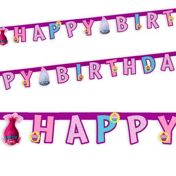 Buchstabenkette Happy Birthday, Trolls, Papier, 1,9m,, Party Deko Motto-Party am Kindergeburtstag, Geburtstag
