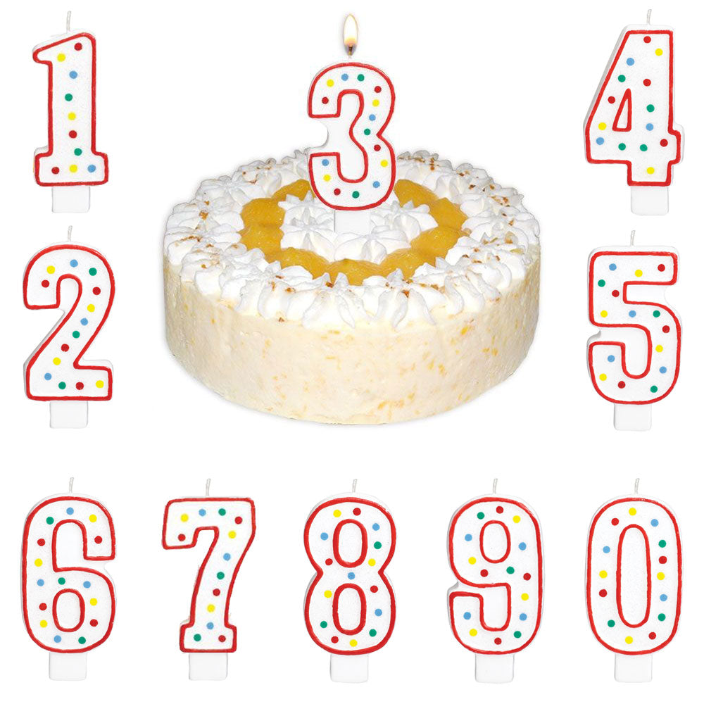 Zahlenkerze 1-9 & 0, weiss-glitzernd, rot mit bunten Punkten, XL, Party Deko Motto-Party am Kindergeburtstag, Geburtstag