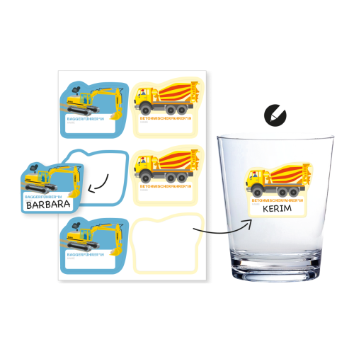 Baustelle / Baumaschinen Stickers mit Namensfeld, 6er Pack