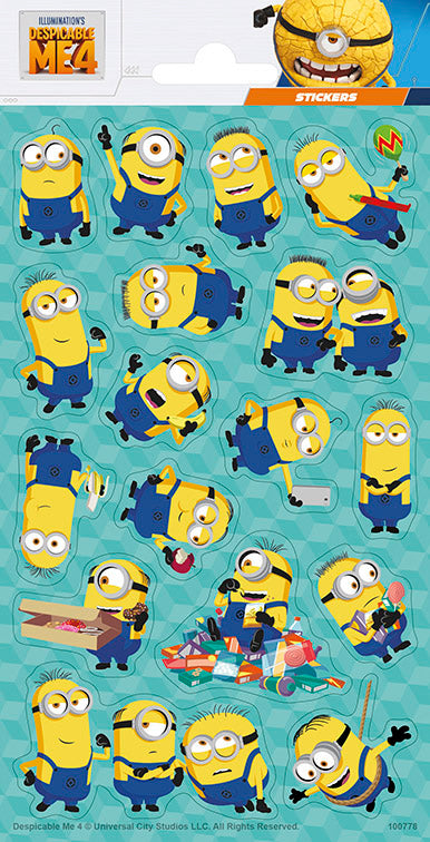 Minions Stickers, Despicable Me 4, 1 Bogen mit 17 Aufklebern kinderparties-shop