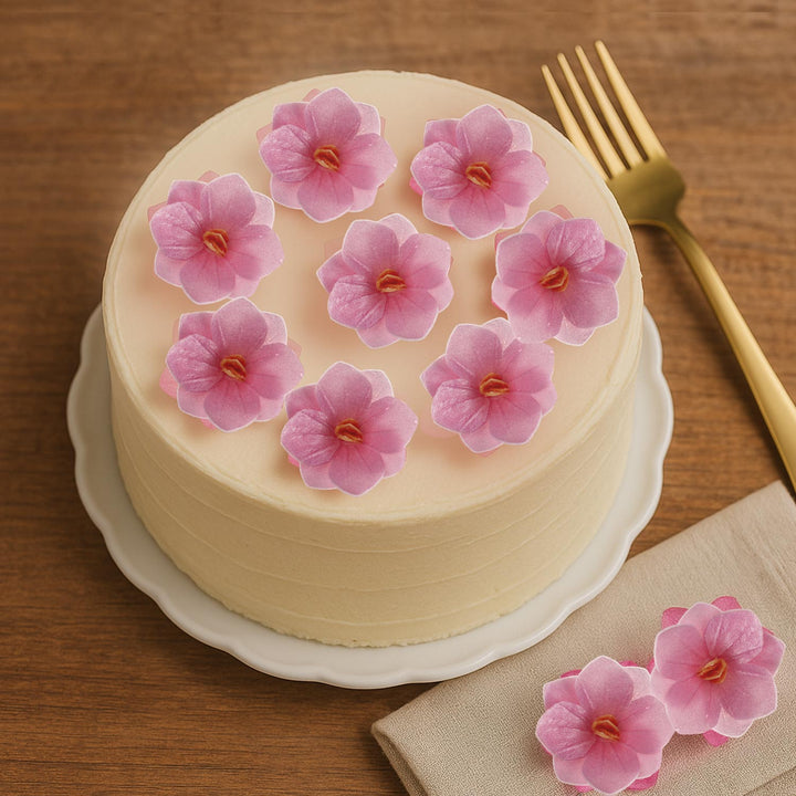 Kunstvolle Blüten Kuchendeko aus Esspapier, Pink, Ø 4 cm, 18 Stück