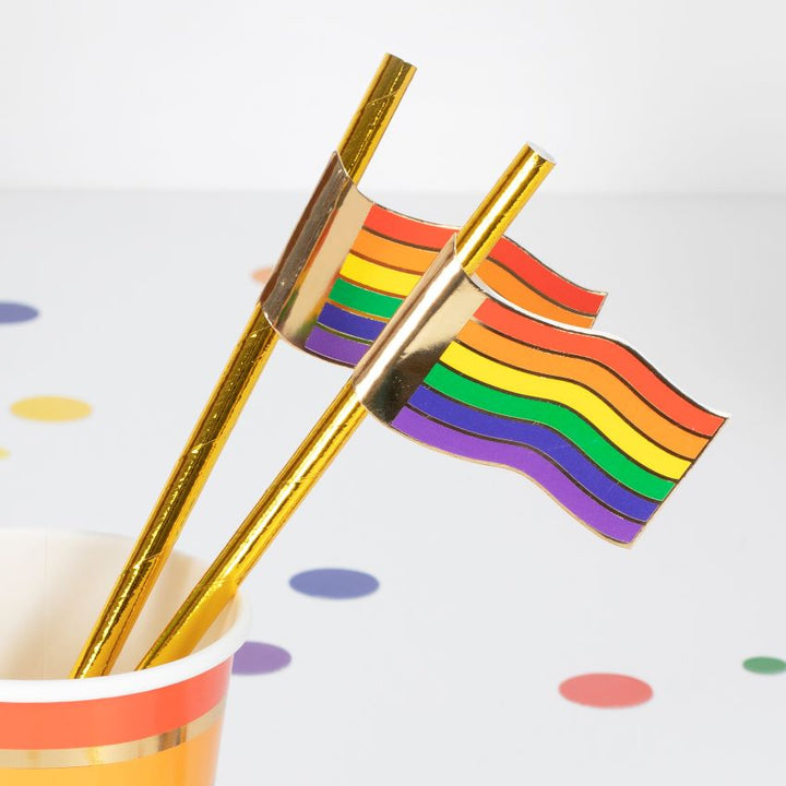 Goldene Trinkhalme mit Regenbogen Applikation, 16er Pack kinderparties-shop