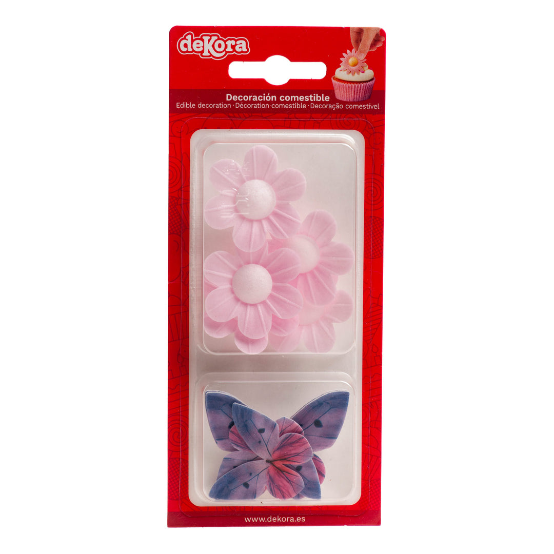 Kunstvolle Tortendeko Schmetterlinge & Blumen aus Esspapier, 9-teilig