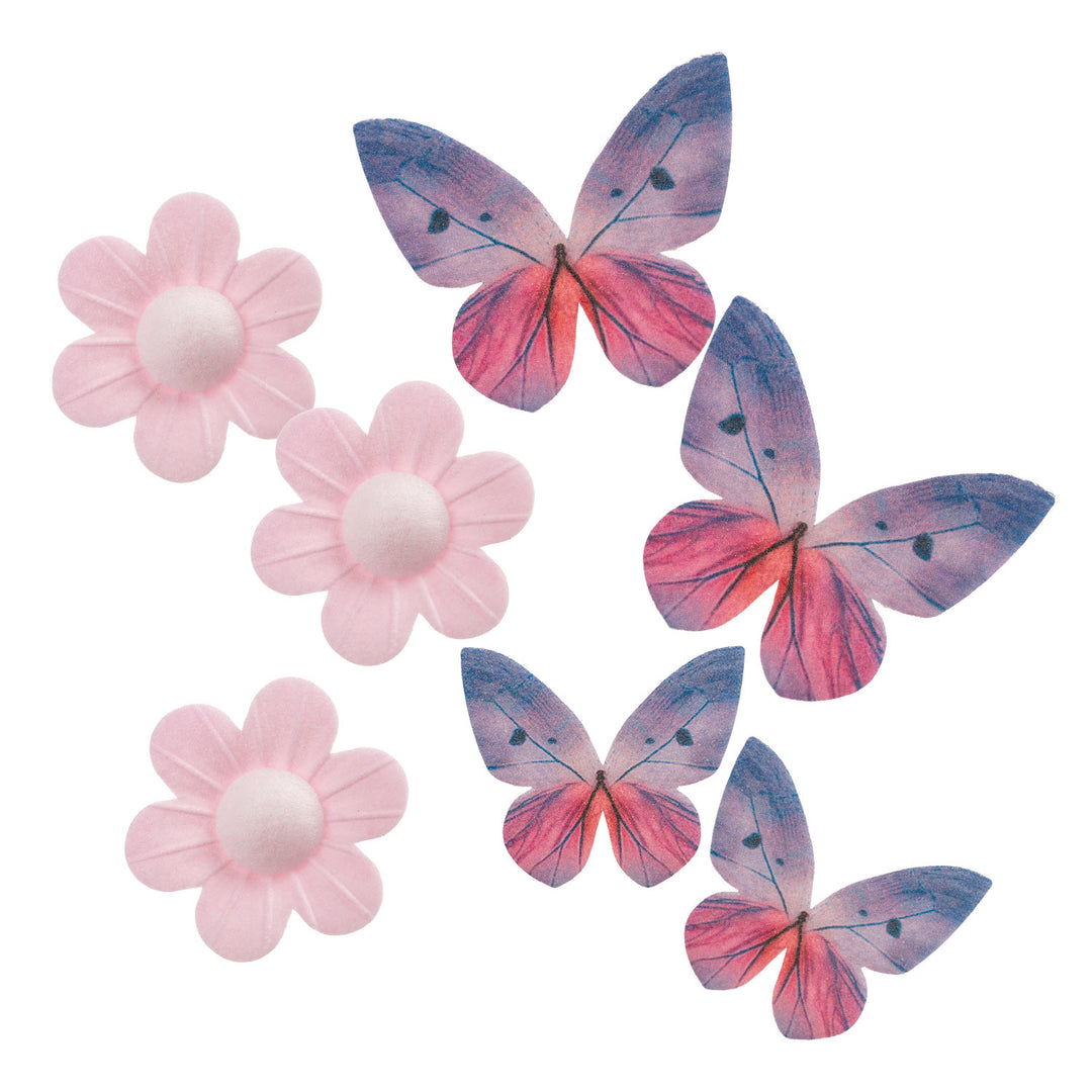 Kunstvolle Tortendeko Schmetterlinge & Blumen aus Esspapier, 9-teilig