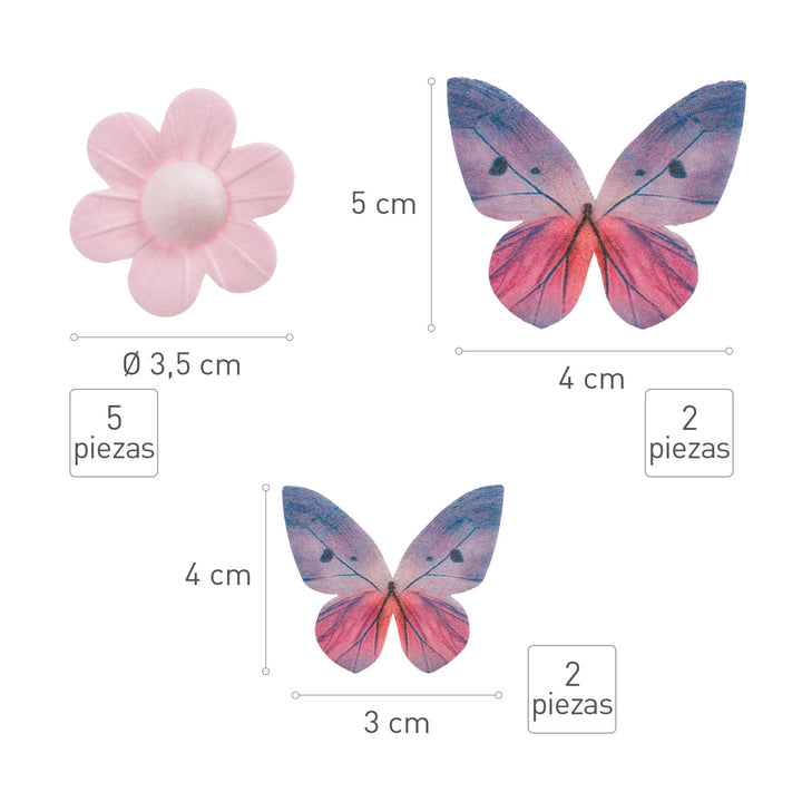 Kunstvolle Tortendeko Schmetterlinge & Blumen aus Esspapier, 9-teilig