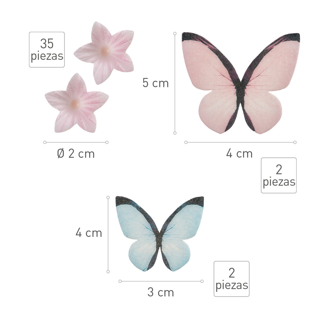 Kunstvolle Tortendeko Schmetterlinge & Blumen aus Esspapier, 39-teilig