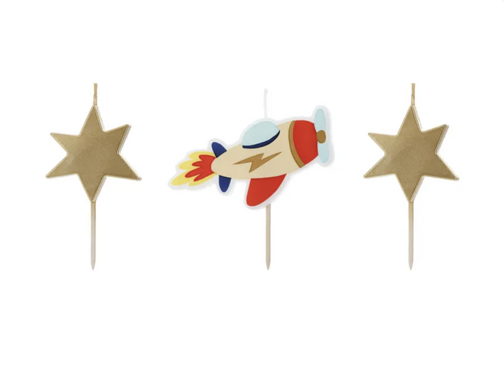 Flugzeug und Sterne Geburtstagskerzen, 3er Pack kinderparties-shop