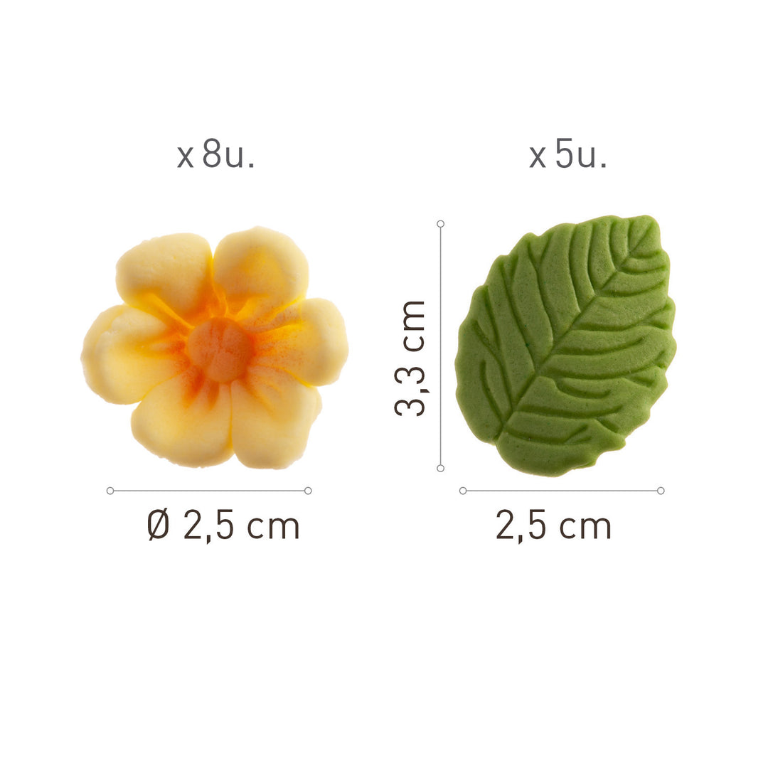 Essbare Zuckerfiguren, gelbe Blüten & grüne Blätter, Tortendeko, 13 Stück