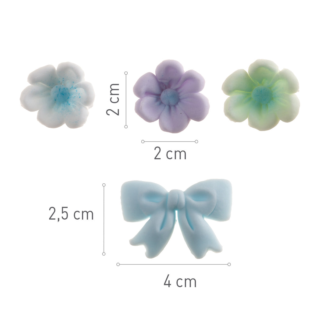 Essbare Zuckerfiguren, Blüten & Schleifen, Blau-Töne, Kuchendeko, 10 Stück