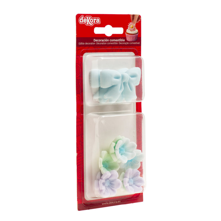 Essbare Zuckerfiguren, Blüten & Schleifen, Blau-Töne, Kuchendeko, 10 Stück