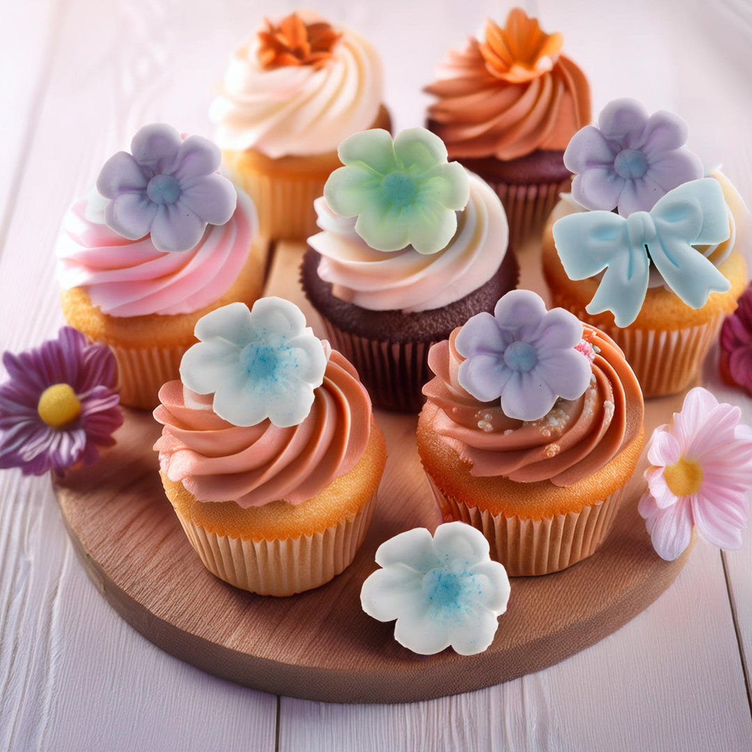 Essbare Zuckerfiguren, Blüten & Schleifen, Blau-Töne, Kuchendeko, 10 Stück