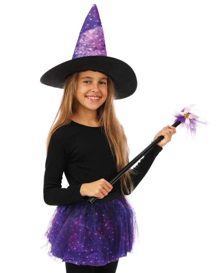 Halloween-Kostüm-Hexen-Motiv-Einheitsgrösse-Tutu-Hut-und-Stab