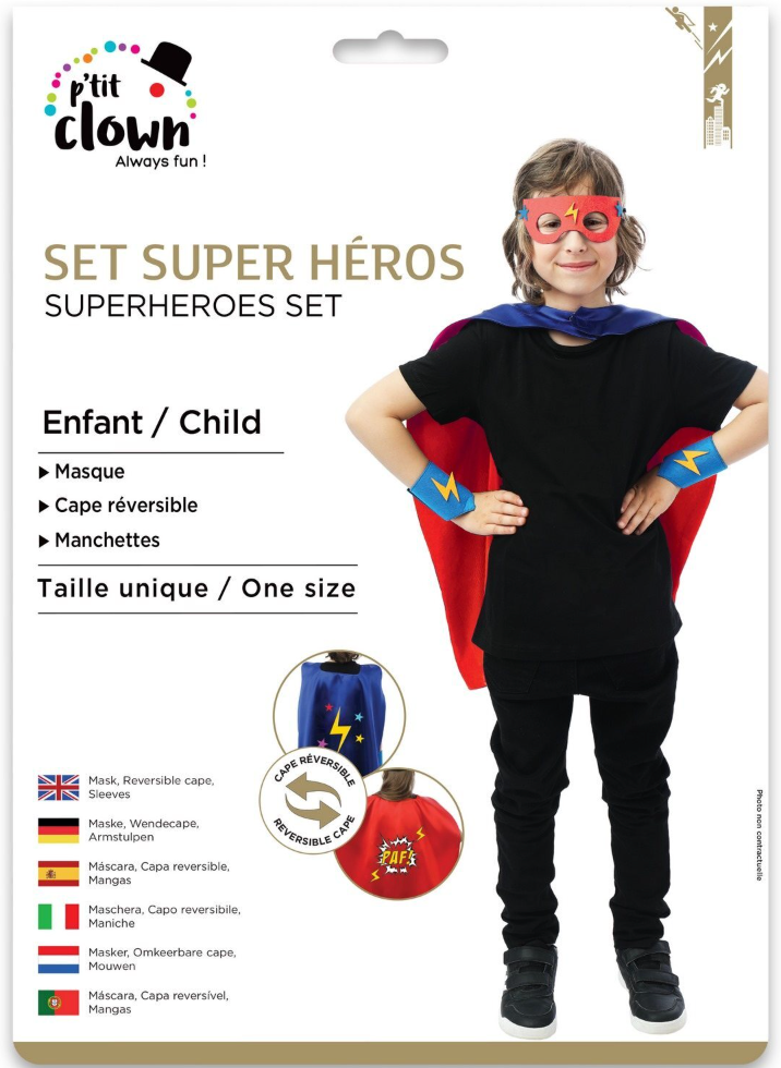 Superhelden-Kostüm-Verkleidung-Einheitsgrösse-100-Polyester-Wendeumhang-Maske-Manschetten