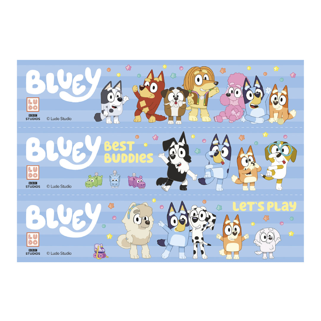 Tortenband Bluey & Bingo, essbare Kuchendeko, 1 Bogen mit 3 Streifen