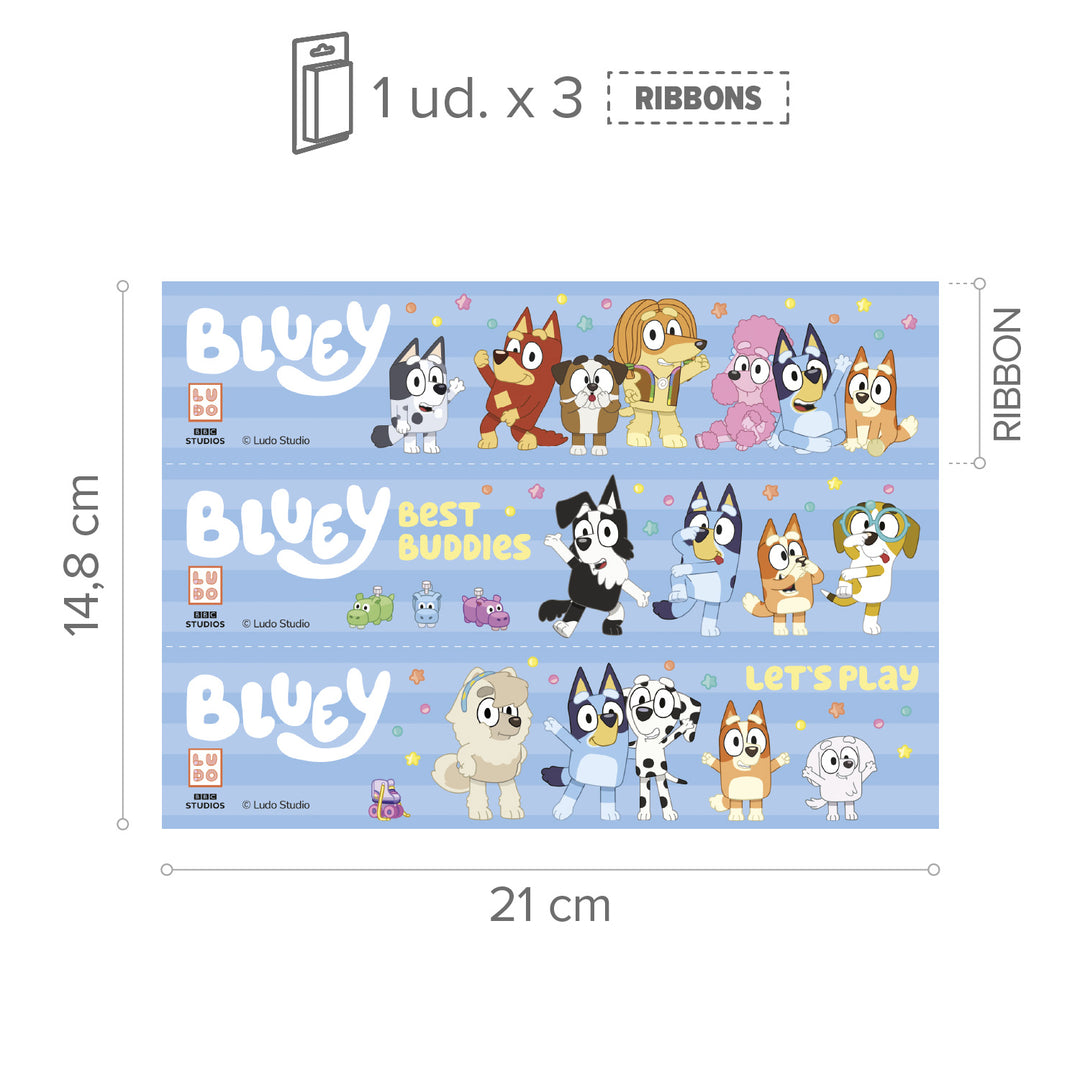 Tortenband Bluey & Bingo, essbare Kuchendeko, 1 Bogen mit 3 Streifen