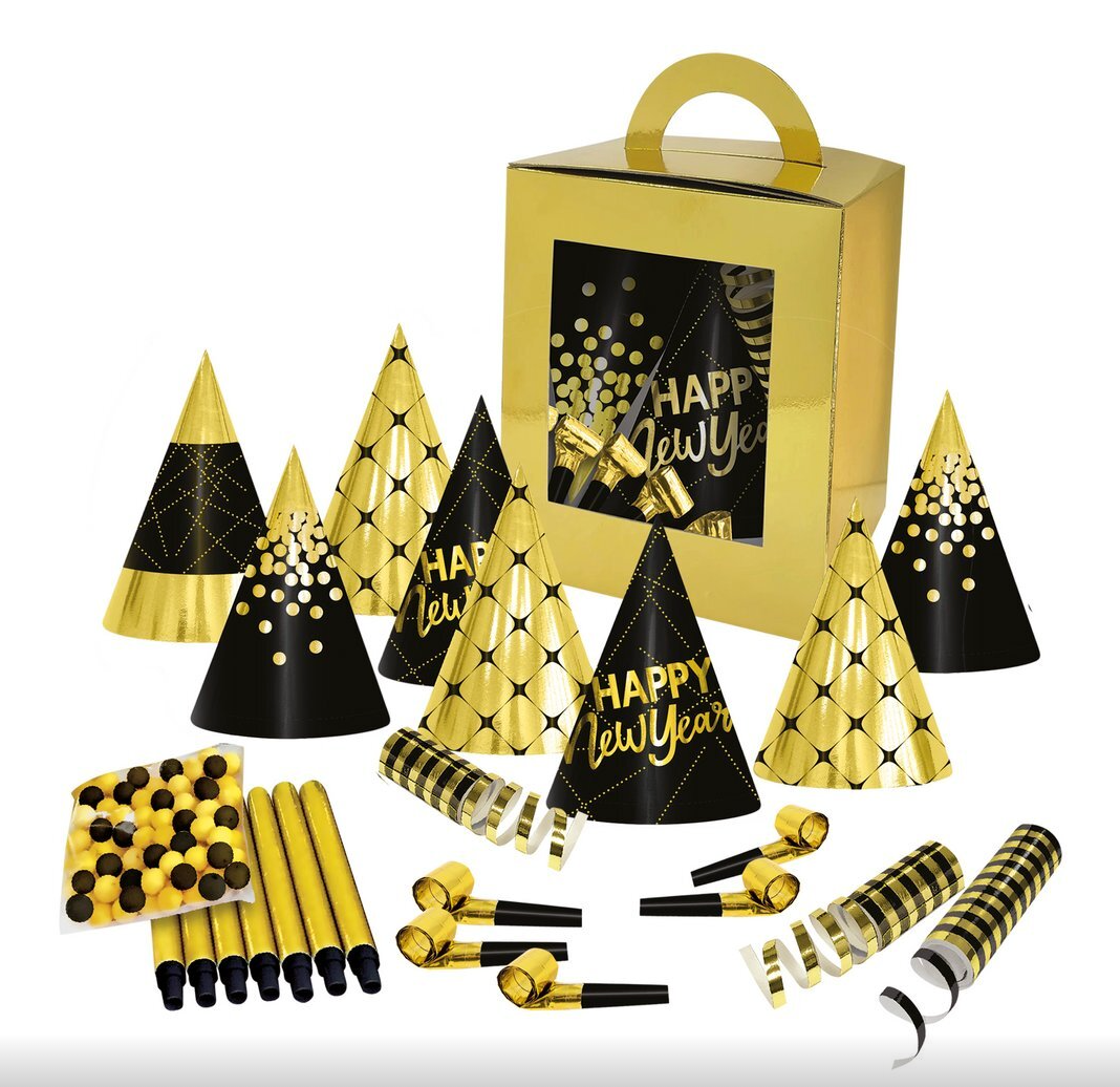 Party-Koffer-Happy-New-Year-160-teiliges-Set-für-10-Personen-10x-Partyhüte-10x-Luftschlangen-10-xTröten-30x-Streamer-100-Bälle