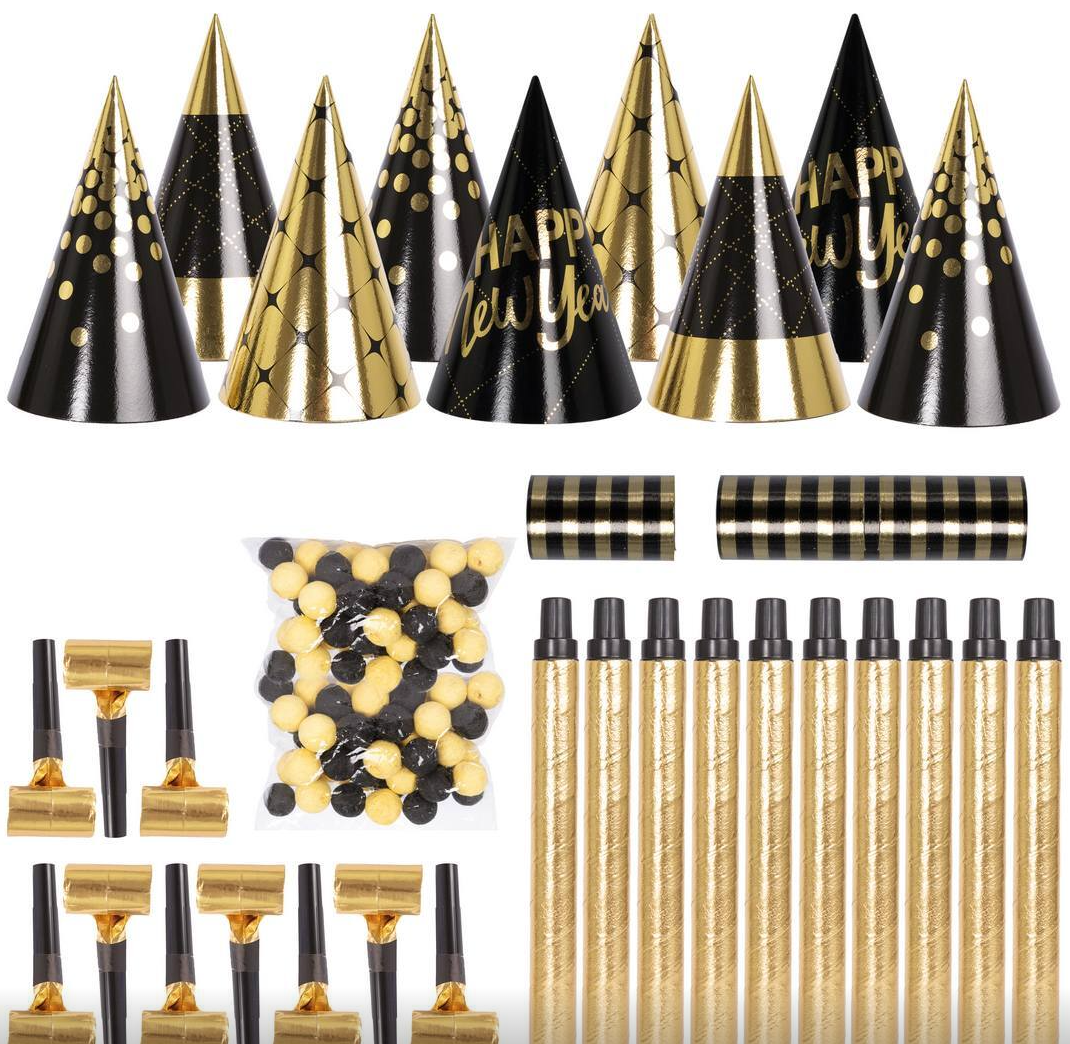 Party-Koffer-Happy-New-Year-160-teiliges-Set-für-10-Personen-10x-Partyhüte-10x-Luftschlangen-10-xTröten-30x-Streamer-100-Bälle
