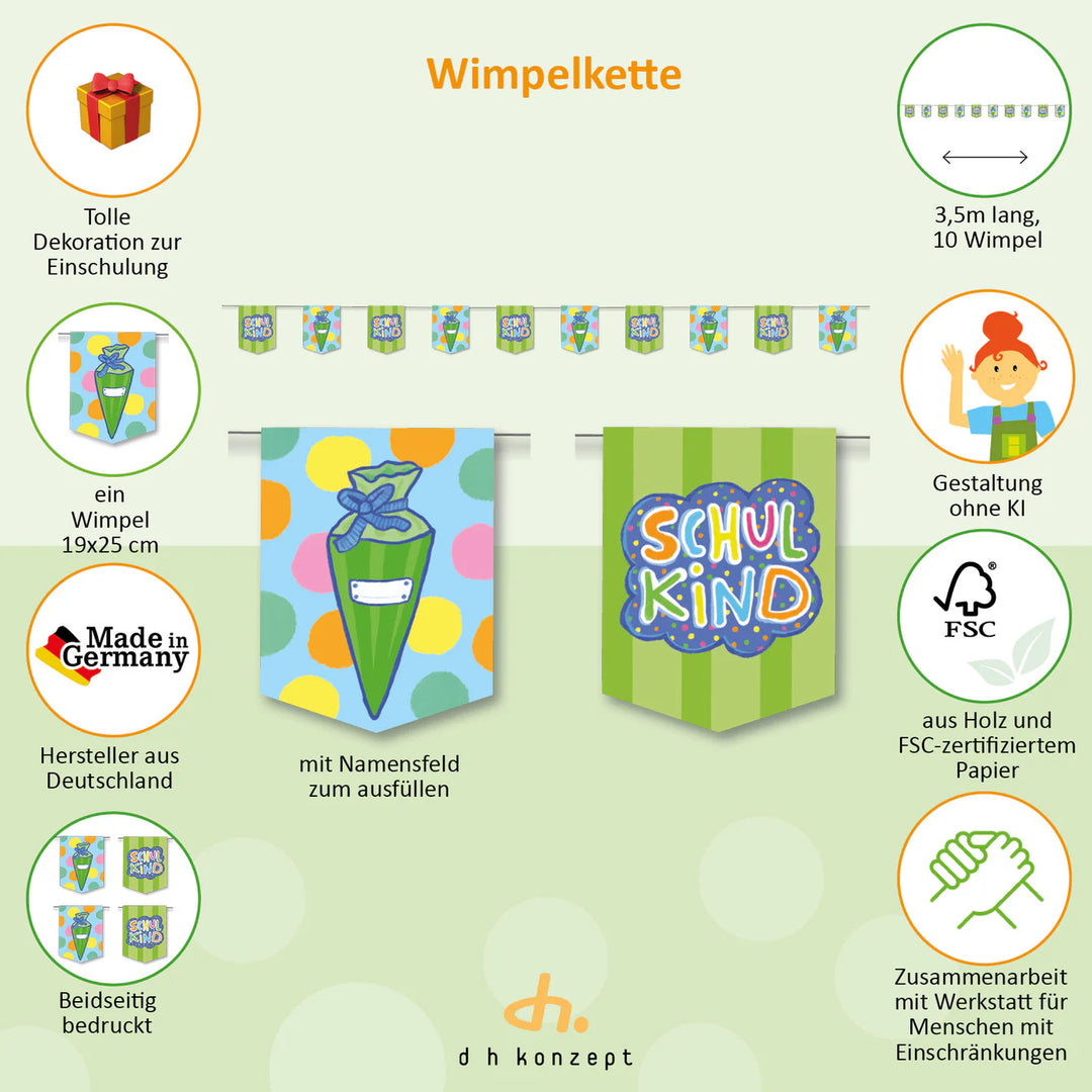 Girlande Schulkind zur Einschulung, 10 Wimpel, 3.5m